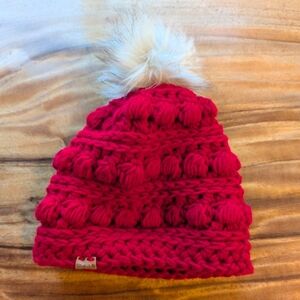 Chunky Knit Pom Beanie - Red with Faux Fur Pom